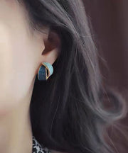 Elegant Blue Sterling Silver Asymmetrical Design Stud Earrings