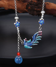 Elegant Blue Sterling Silver Cloisonne Phoenix Tassel Pendant Necklace