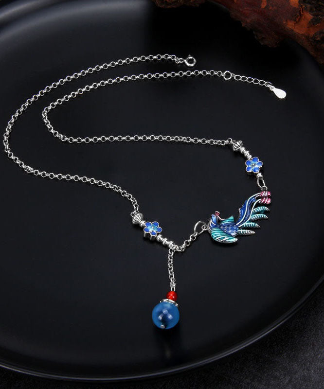 Elegant Blue Sterling Silver Cloisonne Phoenix Tassel Pendant Necklace