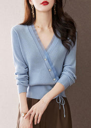 Elegant Blue V Neck Drawstring Patchwork Woolen Sweaters Fall