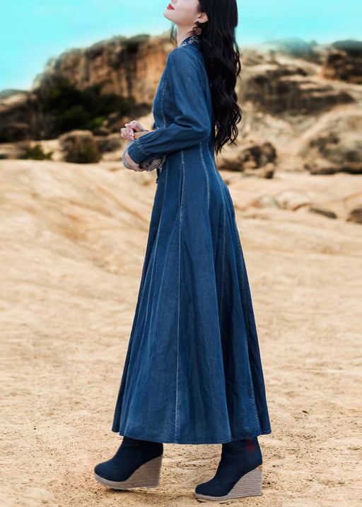 Elegant Blue V Neck Embroidered button Cotton Denim Long Dresses Long Sleeve