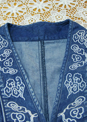Elegant Blue V Neck Embroidered button Cotton Denim Long Dresses Long Sleeve