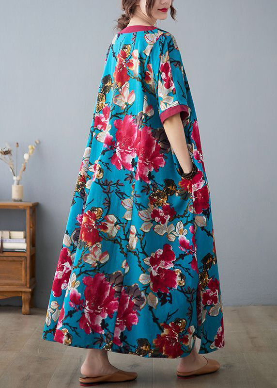 Elegant Blue V Neck Patchwork Print Cotton Dresses Short Sleeve