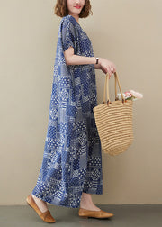 Elegant Blue V Neck Print Cotton Beach Long Dress Short Sleeve