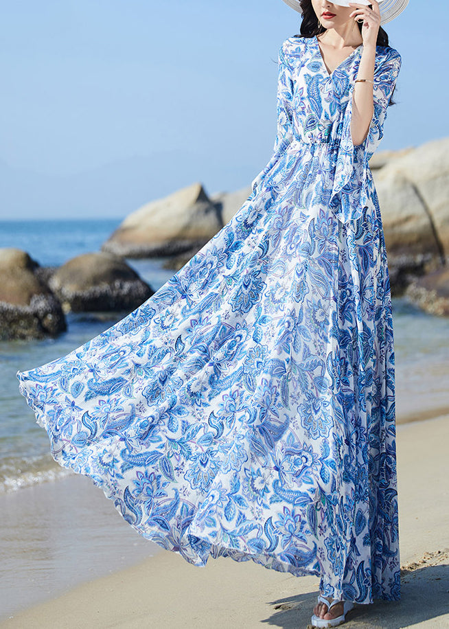 Elegant Blue V Neck Print Elastic Waist Chiffon Vacation Maxi Dresses Flare Sleeve