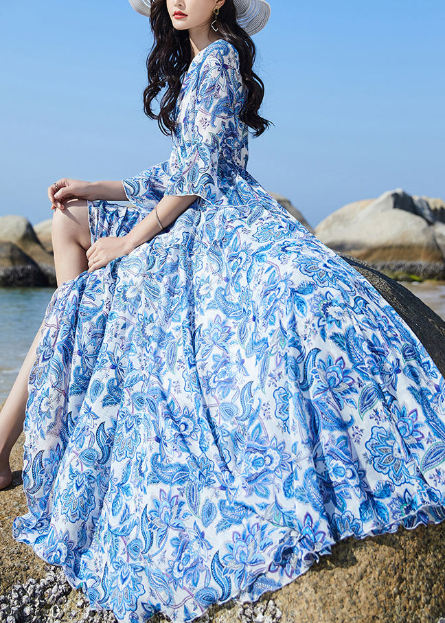 Elegant Blue V Neck Print Elastic Waist Chiffon Vacation Maxi Dresses Flare Sleeve