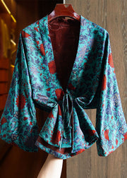 Elegant Blue V Neck Print Tie Waist Silk Coats Long Sleeve
