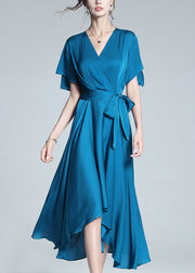 Elegant Blue V Neck Tie Waist Solid Silk Long Dresses Summer