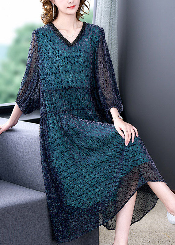 Elegant Blue V Neck Wrinkled Patchwork Silk Dress Long sleeve
