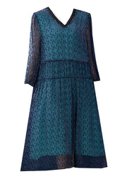 Elegant Blue V Neck Wrinkled Patchwork Silk Dress Long sleeve