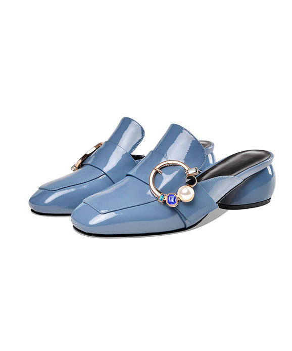 Elegant Blue Zircon Splicing Faux Leather Chunky Slide Sandals