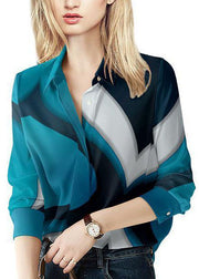 Elegant Blue button Peter Pan Collar Print Shirt Top Long Sleeve