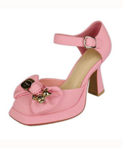 Elegant Bow Splicing Buckle Strap High Heels Pink Faux Leather