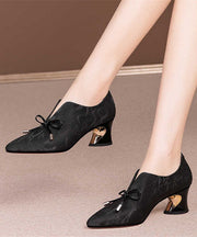 Elegant Bow Splicing Pointed Toe Chunky Black Cowhide Leather