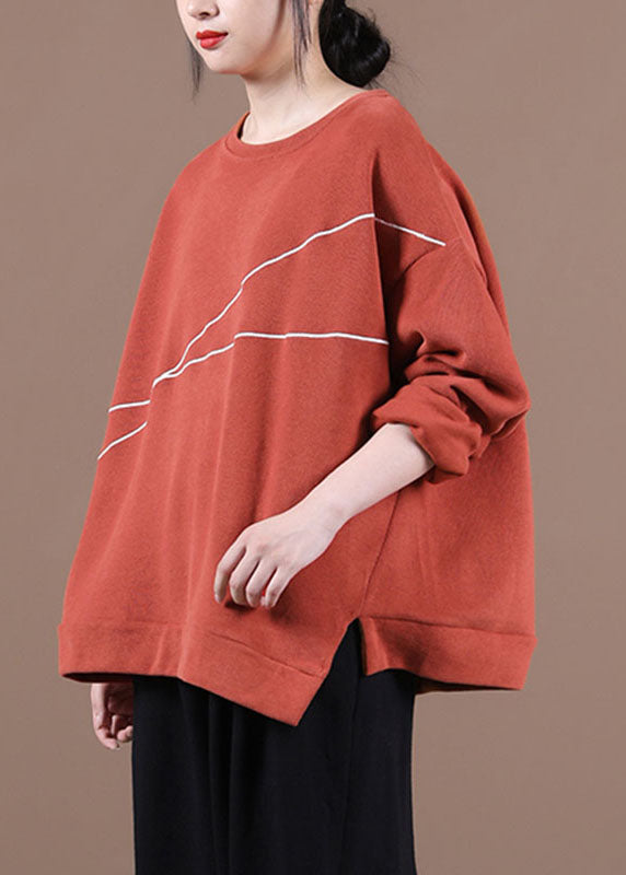 Elegant Brick Red O-Neck Embroidered Loose Fall Sweatshirt