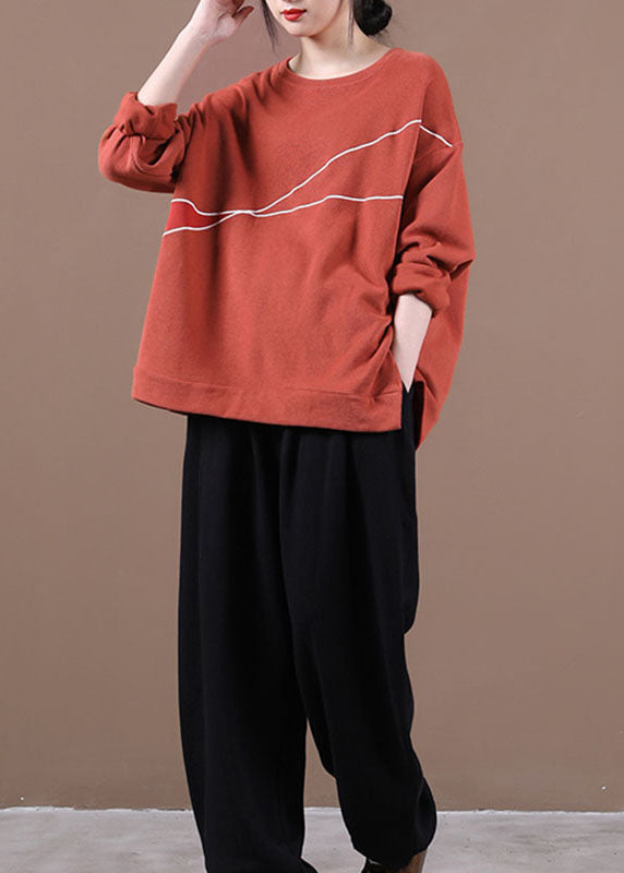 Elegantes, ziegelrotes, lockeres Herbst-Sweatshirt mit O-Ausschnitt, bestickt