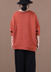 Elegantes, ziegelrotes, lockeres Herbst-Sweatshirt mit O-Ausschnitt, bestickt