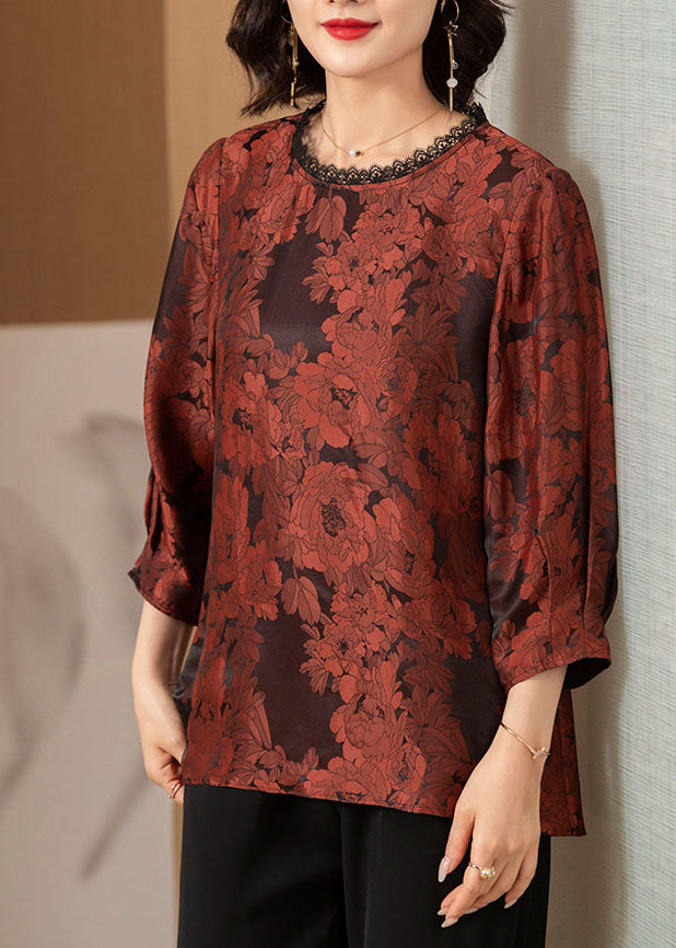 Elegant Brick Red O-Neck Lace Patchwork Draping Silk Shirt Top Bracelet Sleeve