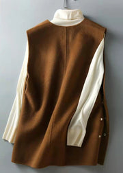 Elegant Brown Chocolate side open Button V Neck Woolen Vest Sleeveless