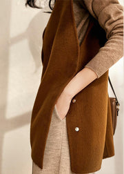 Elegant Brown Chocolate side open Button V Neck Woolen Vest Sleeveless