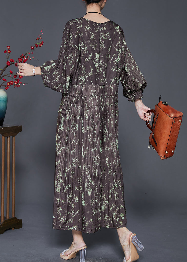 Elegant Brown Elastic Waist Print Cotton Long Dress Spring