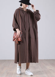 Elegant Brown Hooded Pockets Side Open Fall Sweatshirt Dresses