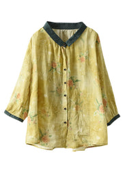 Elegant Brown Peter Pan Collar Print Button Linen Shirt Long Sleeve