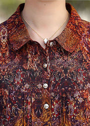 Elegant Brown Peter Pan Collar Print Button Silk Shirt Top Bracelet Sleeve