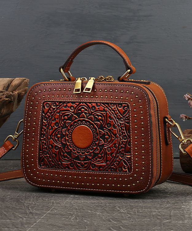 Elegante braune quadratische Jacquard-Nieten-Satchel-Handtasche aus Kalbsleder