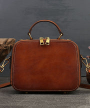 Elegante braune quadratische Jacquard-Nieten-Satchel-Handtasche aus Kalbsleder