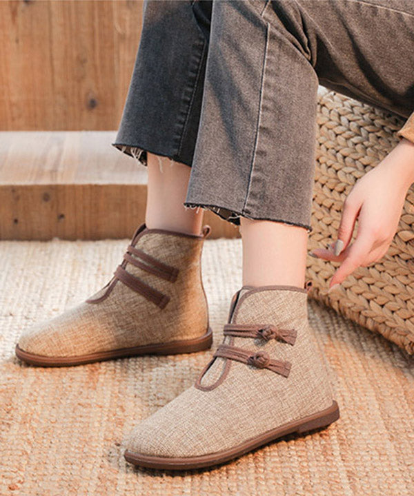 Elegant Buckle Strap Ankle Boots Khaki Comfy Cotton Fabric