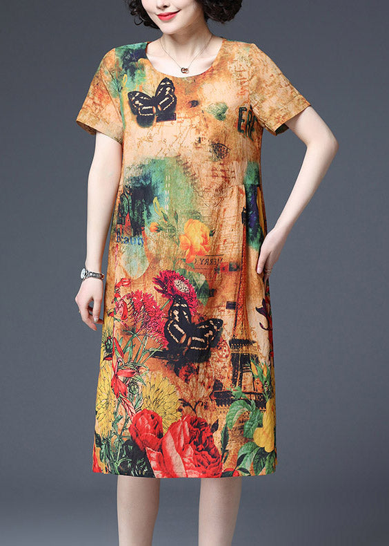 Elegant Butterfly Print O-Neck Cotton Dress Short Sleeve
