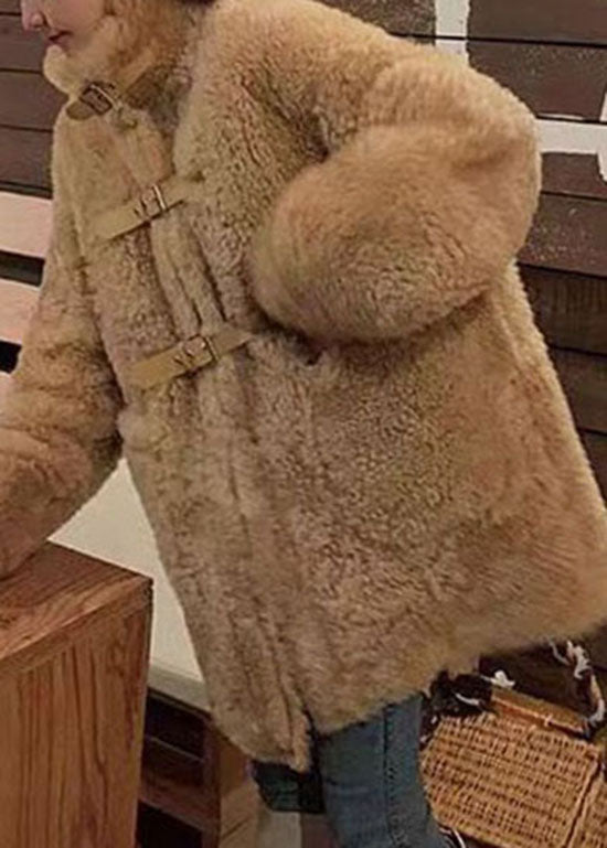 Elegant Camel Buckle Strap Patchwork Faux Fur Jacket Winter