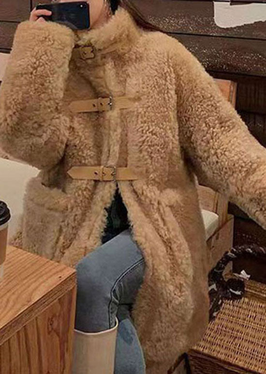 Elegant Camel Buckle Strap Patchwork Faux Fur Jacket Winter