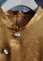 Elegant Caramel Stand Collar Patchwork Silk Tops Short Sleeve