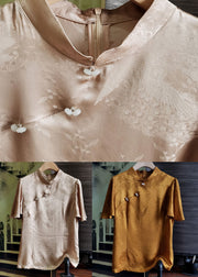 Elegant Caramel Stand Collar Patchwork Silk Tops Short Sleeve