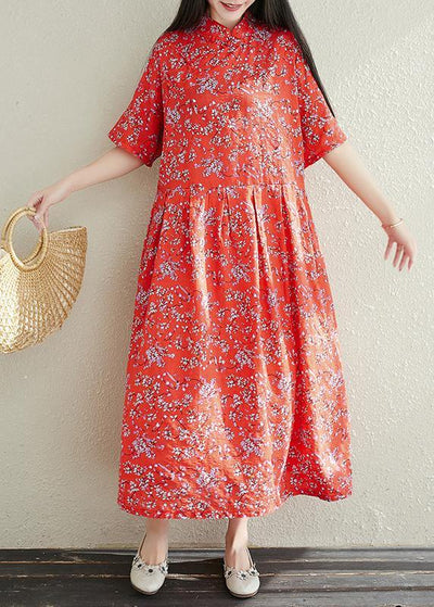 Button Chiffon Robes Fabrics red prints Dresses summer - SooLinen