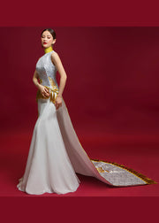 Elegant Chinese Style White Tasseled Embroidered Silk Dresses Sleeveless