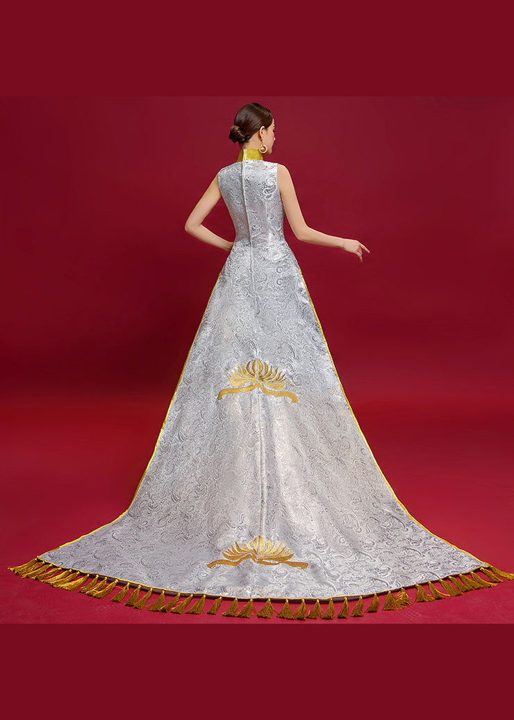 Elegant Chinese Style White Tasseled Embroidered Silk Dresses Sleeveless