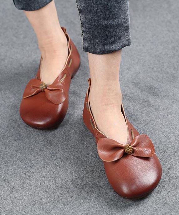 Elegant Chocolate Bow Cowhide Flat Shoes For Women - SooLinen