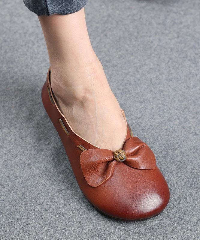 Elegant Chocolate Bow Cowhide Flat Shoes For Women - SooLinen
