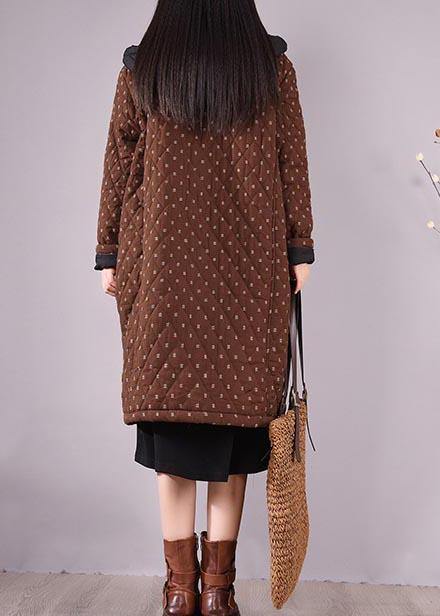 Elegant Chocolate Coat Plus Size Hooded Pockets Outwear - SooLinen