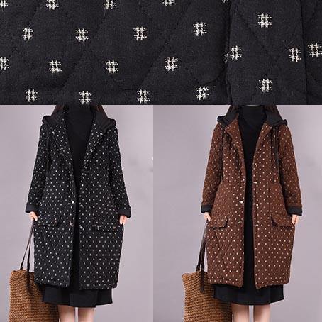 Elegant Chocolate Coat Plus Size Hooded Pockets Outwear - SooLinen