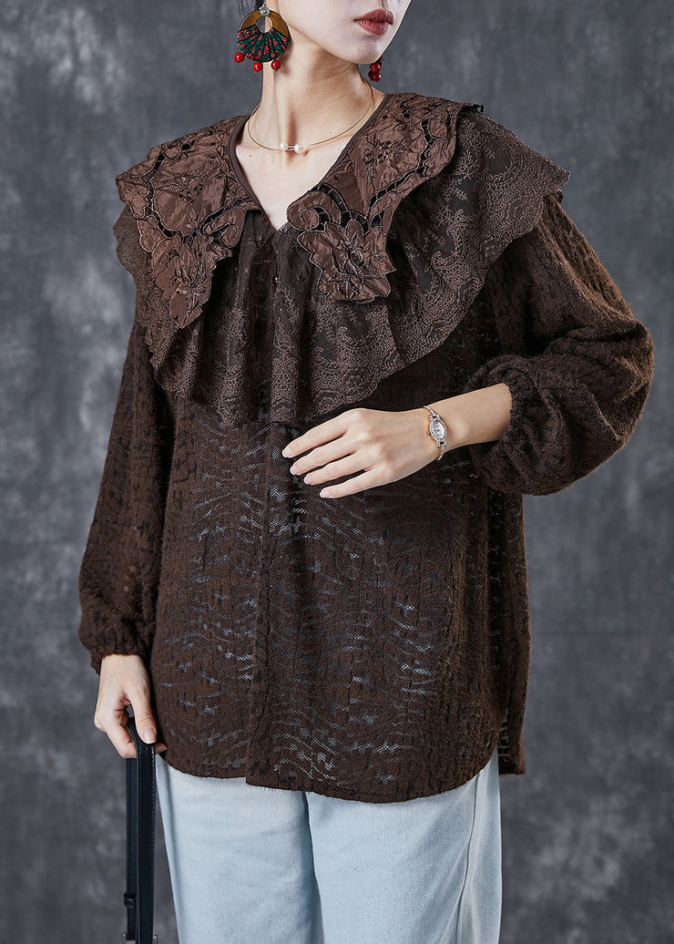 Elegant Chocolate Peter Pan Collar Hollow Out Lace Shirts Spring