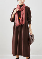 Elegant Chocolate Stand Collar Knit Holiday Dress Spring