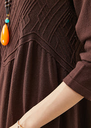 Elegant Chocolate Stand Collar Knit Holiday Dress Spring