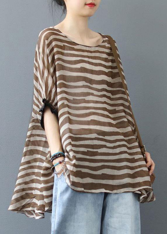 Elegant Chocolate Striped Clothes For Women O Neck Midi  Blouse - SooLinen