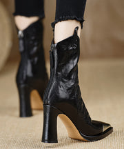 Elegant Chunky Heel Boots Black Sheepskin Pointed Toe