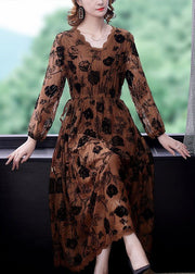 Elegant Chocolate Cinched Print Lace Long Dresses Spring
