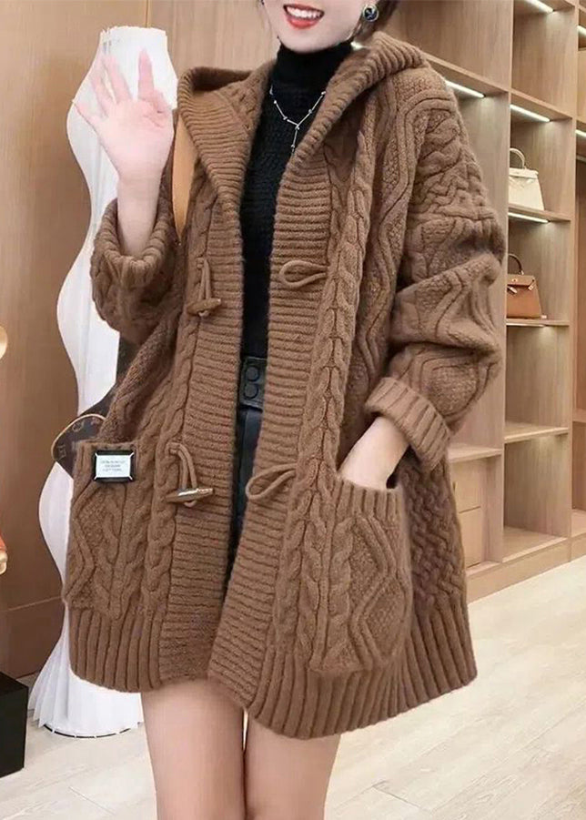 Elegant Chocolate Colour Button Cable Knit Sweaters Coats Fall